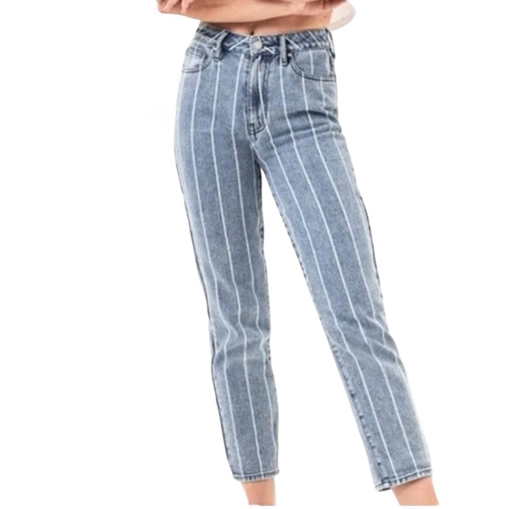 Pacsun Women’s Mom Jeans Striped Blue White Window Panel High Rise Size 23